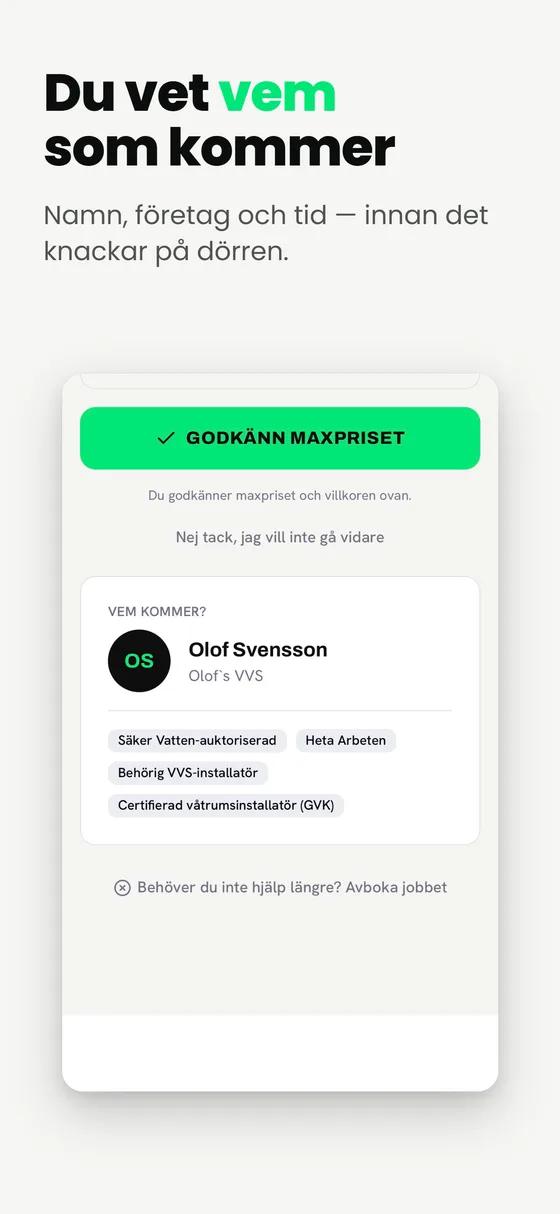 Jourly-appen: hantverkarens namn, företag och certifieringar visas innan besöket.